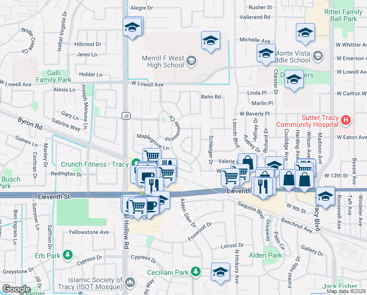 map of restaurants, bars, coffee shops, grocery stores, and more near 1393 Evergreen Way in Tracy