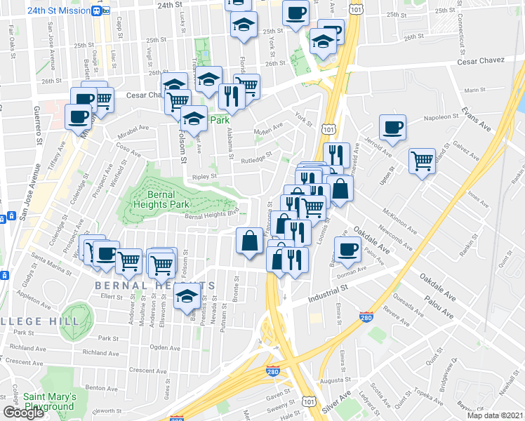 map of restaurants, bars, coffee shops, grocery stores, and more near 610 Peralta Avenue in San Francisco