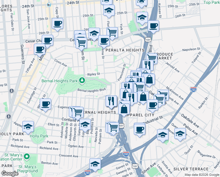map of restaurants, bars, coffee shops, grocery stores, and more near 610 Peralta Avenue in San Francisco