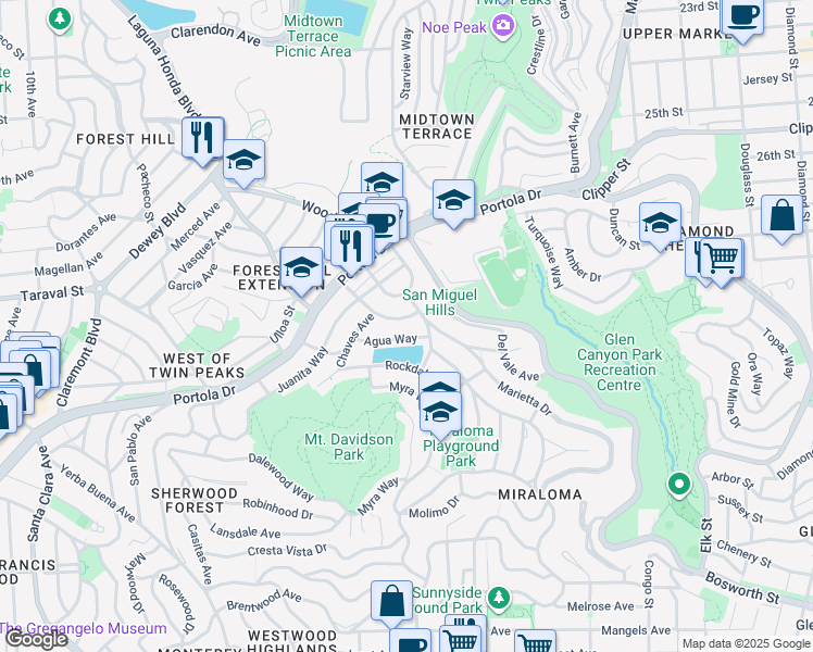 map of restaurants, bars, coffee shops, grocery stores, and more near 200 Teresita Boulevard in San Francisco