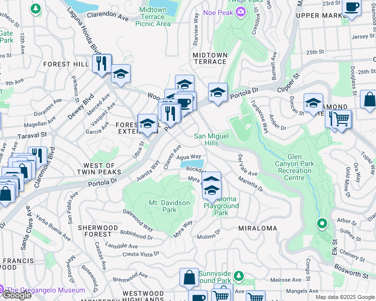 map of restaurants, bars, coffee shops, grocery stores, and more near 145 Evelyn Way in San Francisco