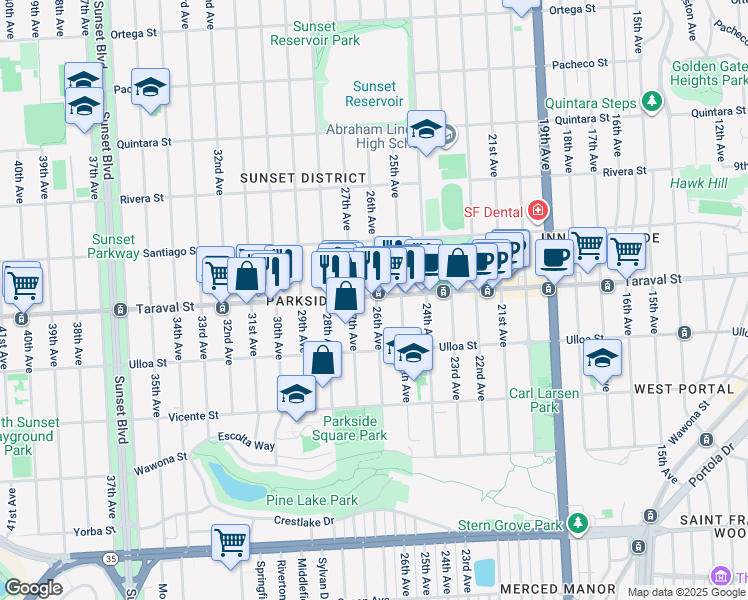 map of restaurants, bars, coffee shops, grocery stores, and more near 1644 Taraval Street in San Francisco