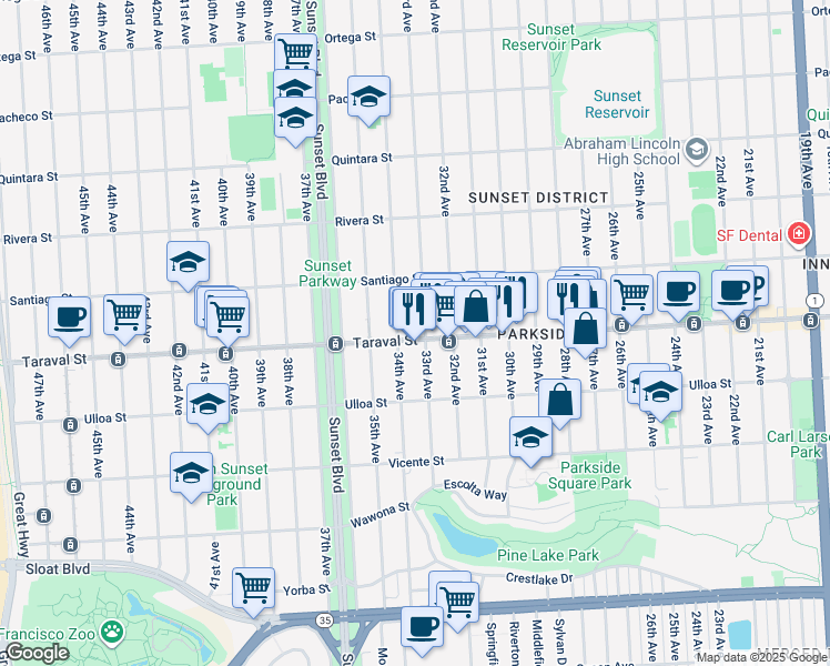 map of restaurants, bars, coffee shops, grocery stores, and more near 2366 34th Avenue in San Francisco