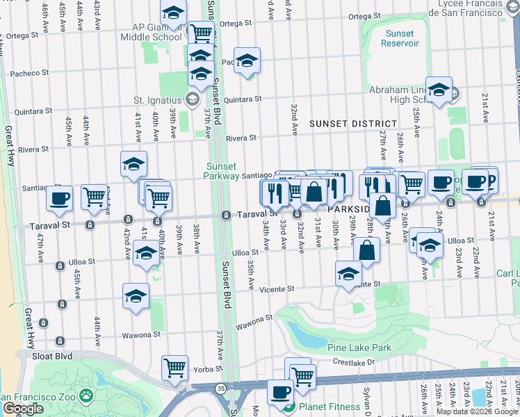 map of restaurants, bars, coffee shops, grocery stores, and more near 2366 34th Avenue in San Francisco