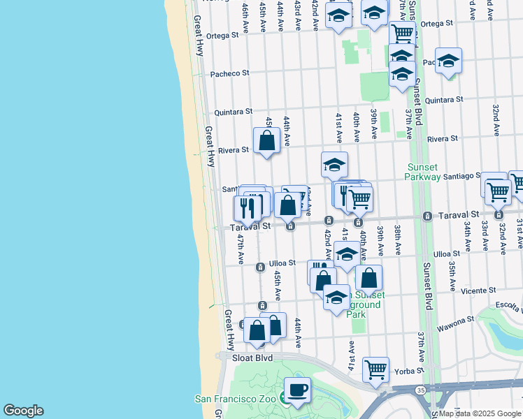 map of restaurants, bars, coffee shops, grocery stores, and more near 2331 46th Avenue in San Francisco
