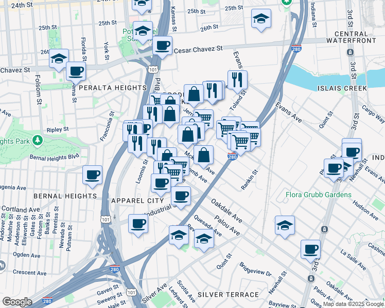 map of restaurants, bars, coffee shops, grocery stores, and more near 2250 McKinnon Avenue in San Francisco