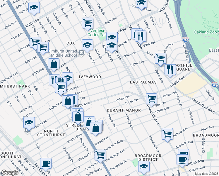 map of restaurants, bars, coffee shops, grocery stores, and more near 1948 102nd Avenue in Oakland