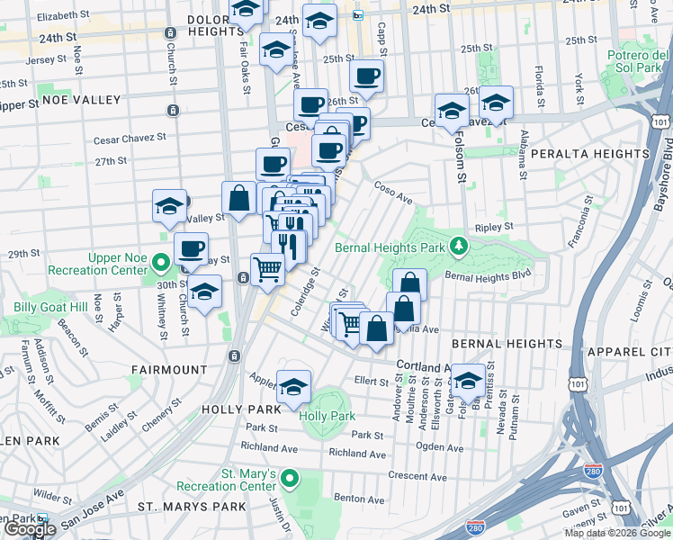 map of restaurants, bars, coffee shops, grocery stores, and more near in San Francisco