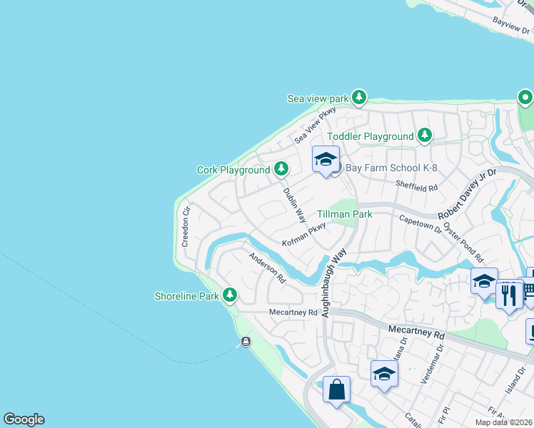 map of restaurants, bars, coffee shops, grocery stores, and more near 137 Shannon Circle in Alameda