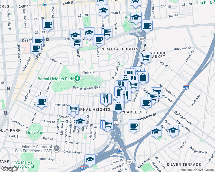 map of restaurants, bars, coffee shops, grocery stores, and more near 610 Peralta Avenue in San Francisco