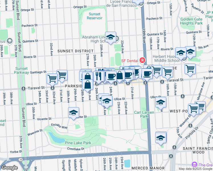 map of restaurants, bars, coffee shops, grocery stores, and more near 1433 Taraval Street in San Francisco