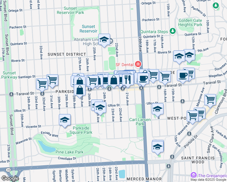 map of restaurants, bars, coffee shops, grocery stores, and more near 2360 22nd Avenue in San Francisco