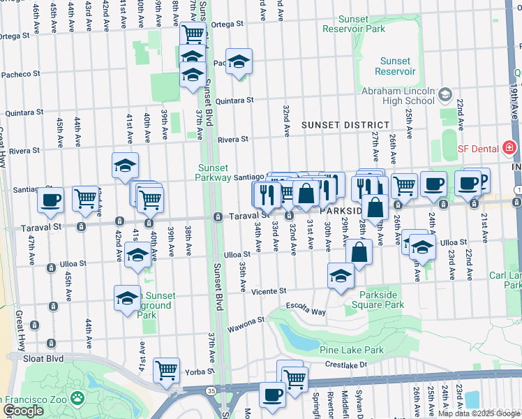map of restaurants, bars, coffee shops, grocery stores, and more near 2366 34th Avenue in San Francisco