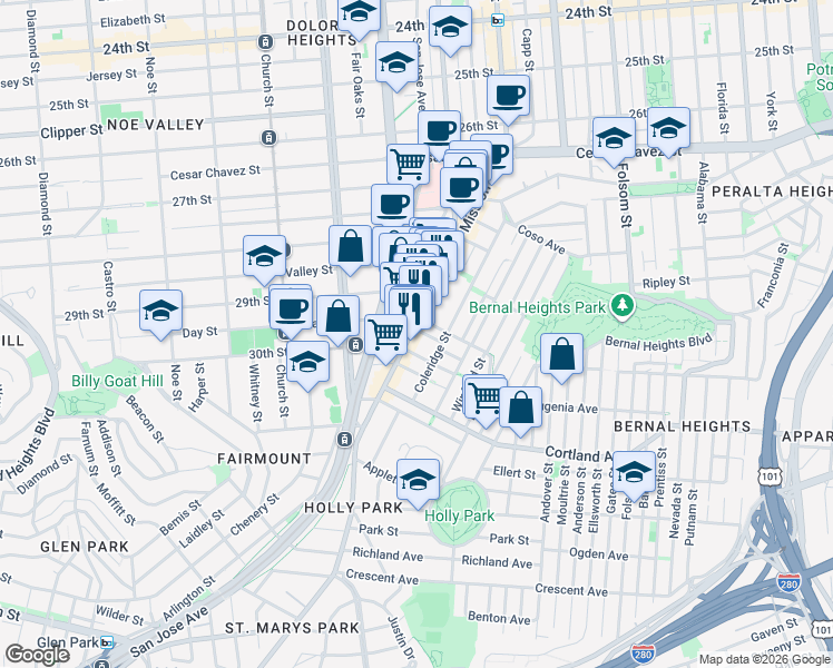 map of restaurants, bars, coffee shops, grocery stores, and more near 25 Virginia Avenue in San Francisco