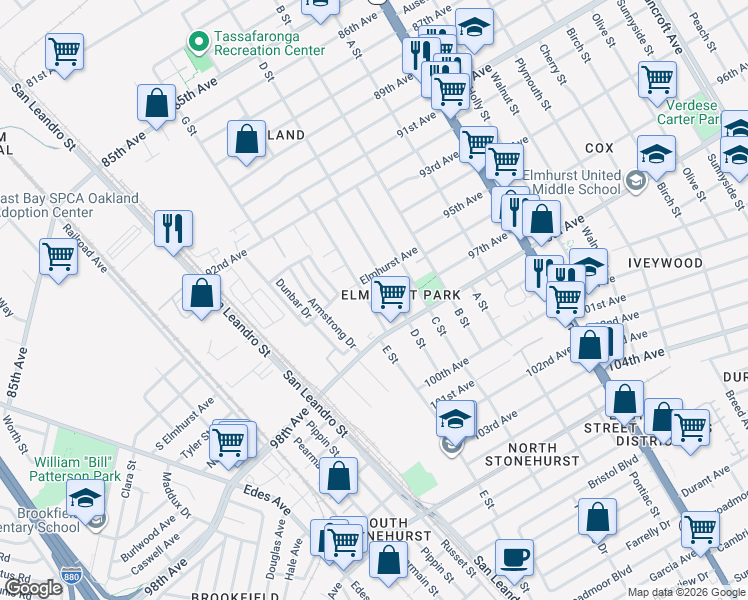 map of restaurants, bars, coffee shops, grocery stores, and more near 9638 E Street in Oakland