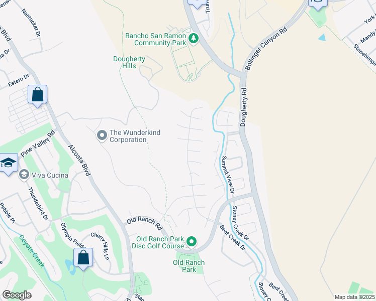 map of restaurants, bars, coffee shops, grocery stores, and more near Old Ranch Estate Dr & Alderwood Ln in San Ramon