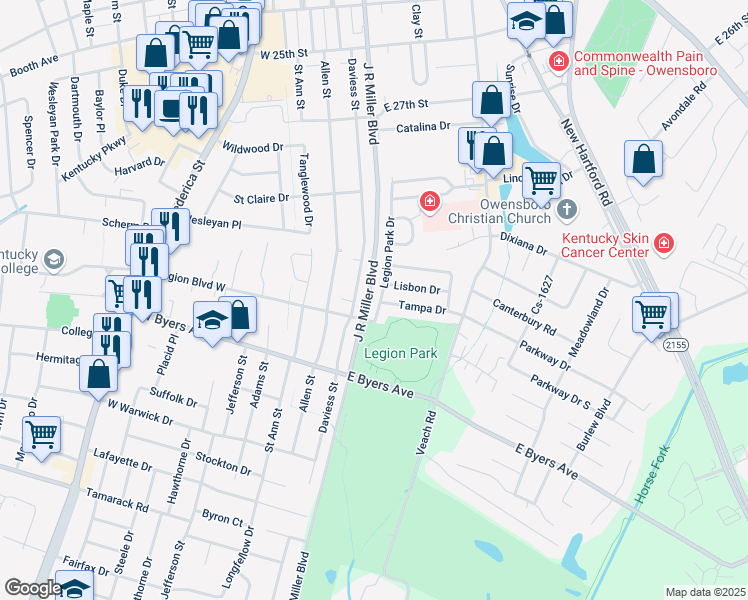 map of restaurants, bars, coffee shops, grocery stores, and more near J R Miller Blvd in Owensboro