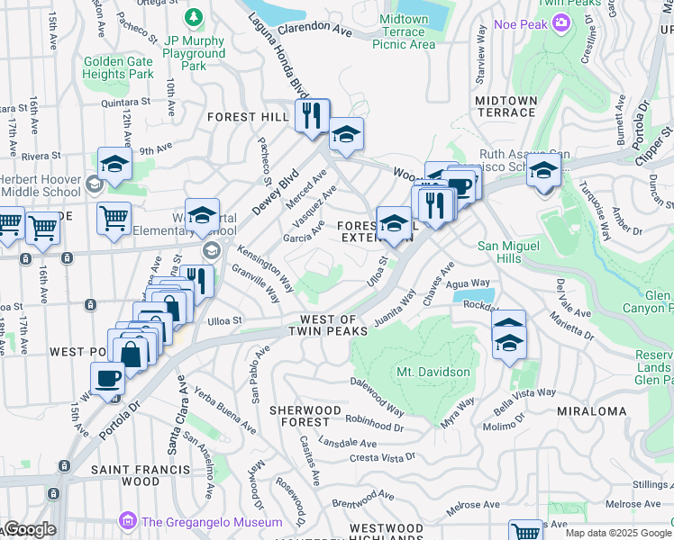 map of restaurants, bars, coffee shops, grocery stores, and more near 285 Edgehill Way in San Francisco
