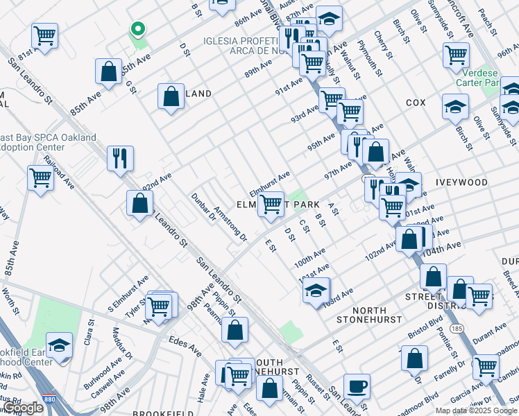 map of restaurants, bars, coffee shops, grocery stores, and more near 9638 E Street in Oakland