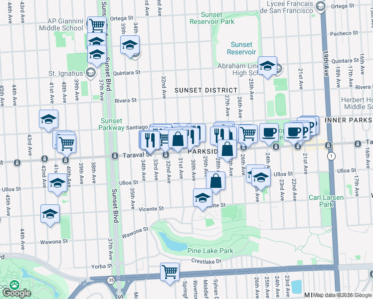 map of restaurants, bars, coffee shops, grocery stores, and more near 2374 31st Avenue in San Francisco