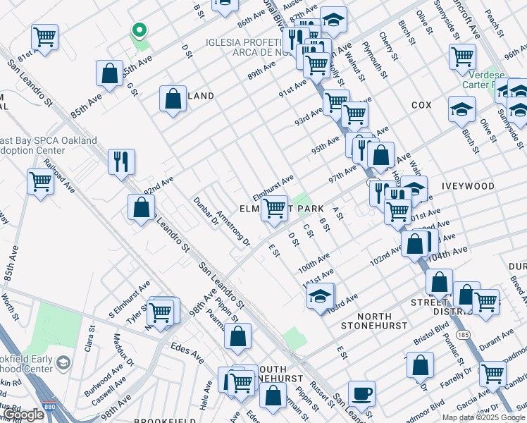 map of restaurants, bars, coffee shops, grocery stores, and more near 9638 E Street in Oakland