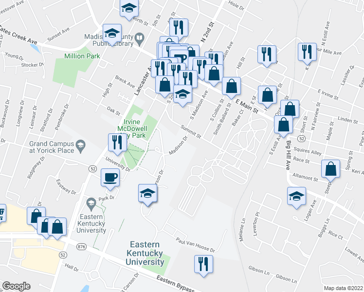 map of restaurants, bars, coffee shops, grocery stores, and more near 314 Madison Drive in Richmond