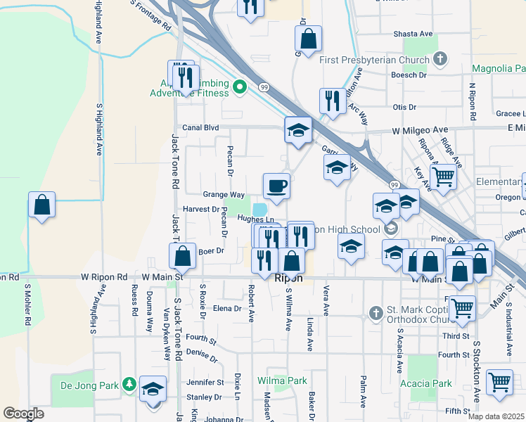 map of restaurants, bars, coffee shops, grocery stores, and more near 1135 Hughes Lane in Ripon