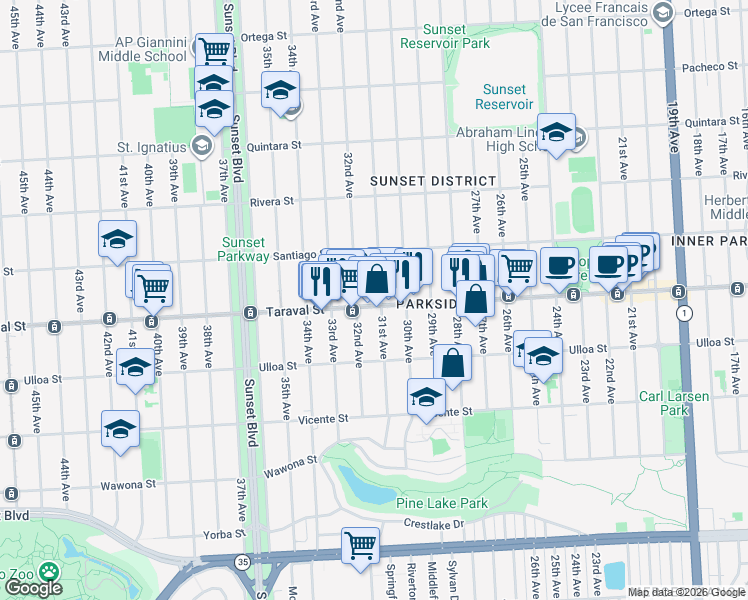 map of restaurants, bars, coffee shops, grocery stores, and more near 2374 31st Avenue in San Francisco