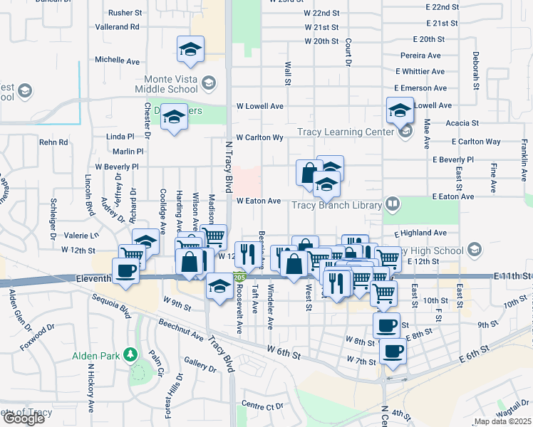 map of restaurants, bars, coffee shops, grocery stores, and more near 434 West Eaton Avenue in Tracy