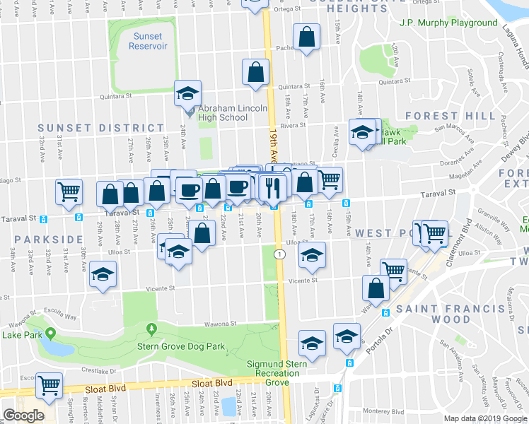 map of restaurants, bars, coffee shops, grocery stores, and more near 945 Taraval Street in San Francisco