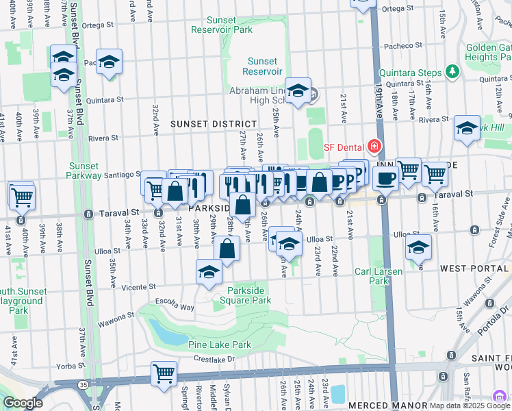 map of restaurants, bars, coffee shops, grocery stores, and more near 1644 Taraval Street in San Francisco