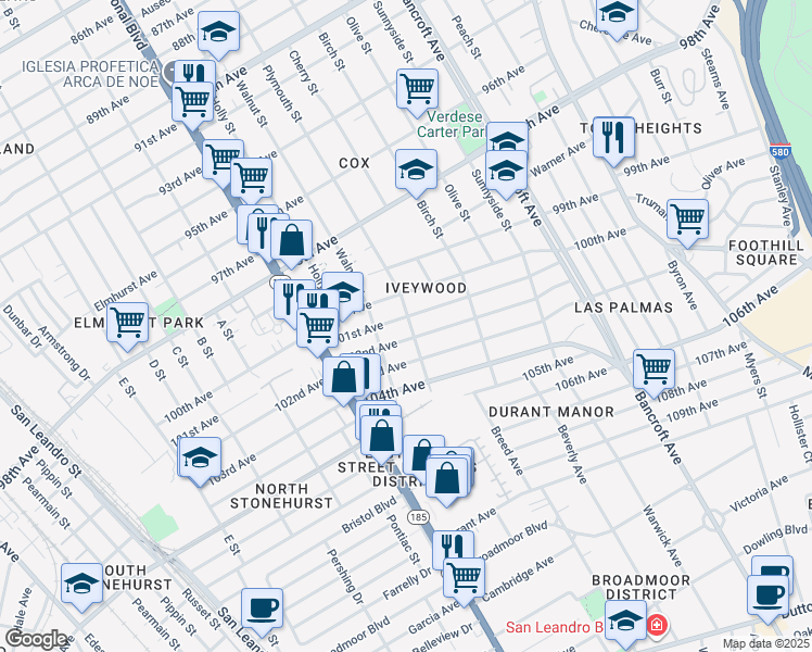 map of restaurants, bars, coffee shops, grocery stores, and more near 10109 Plymouth Street in Oakland