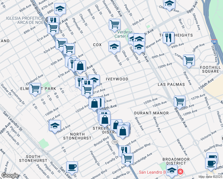 map of restaurants, bars, coffee shops, grocery stores, and more near 10109 Plymouth Street in Oakland
