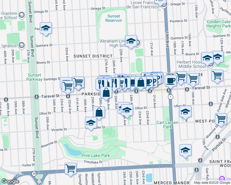 map of restaurants, bars, coffee shops, grocery stores, and more near Taraval St & 26th Ave in San Francisco