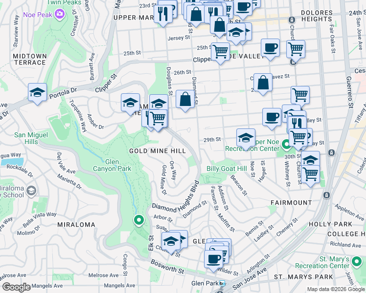 map of restaurants, bars, coffee shops, grocery stores, and more near 5330 Diamond Heights Boulevard in San Francisco