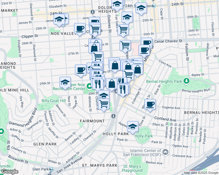 map of restaurants, bars, coffee shops, grocery stores, and more near 117 Day Street in San Francisco