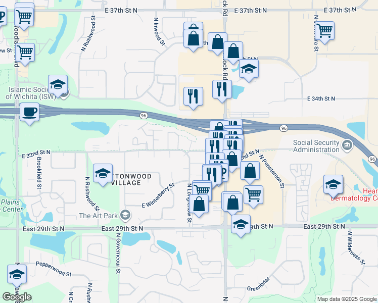 map of restaurants, bars, coffee shops, grocery stores, and more near 7700 East 32nd Street North in Wichita