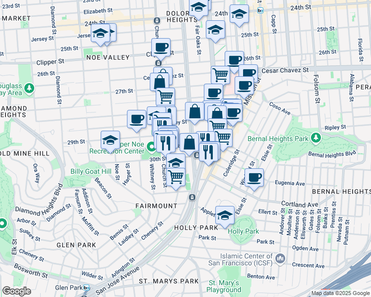 map of restaurants, bars, coffee shops, grocery stores, and more near 117 Day Street in San Francisco