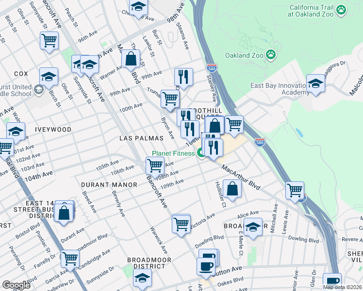 map of restaurants, bars, coffee shops, grocery stores, and more near 10515 Byron Avenue in Oakland