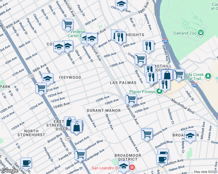map of restaurants, bars, coffee shops, grocery stores, and more near 2167 104th Avenue in Oakland