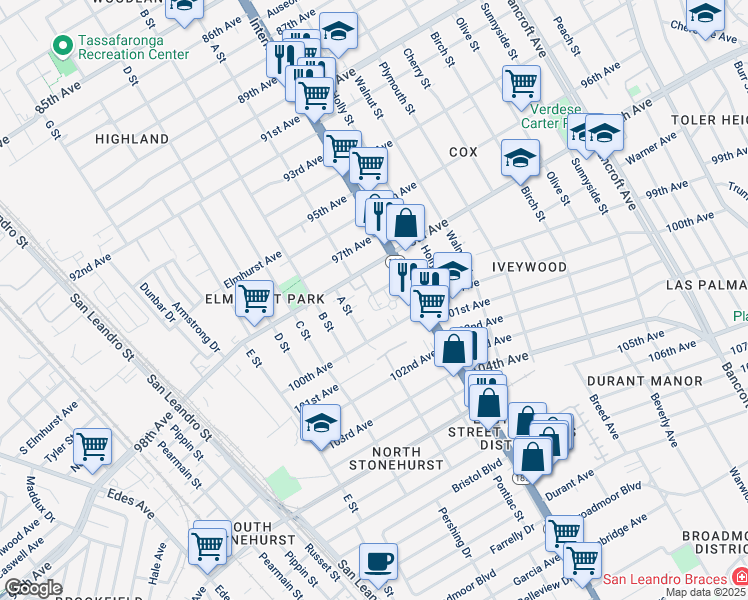 map of restaurants, bars, coffee shops, grocery stores, and more near 1256 99th Avenue in Oakland