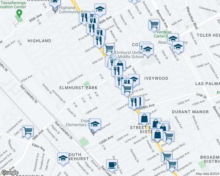 map of restaurants, bars, coffee shops, grocery stores, and more near 1256 99th Avenue in Oakland