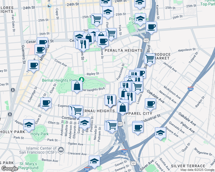 map of restaurants, bars, coffee shops, grocery stores, and more near 27 Carver Street in San Francisco
