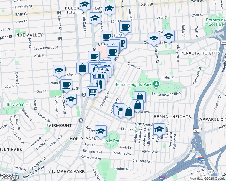 map of restaurants, bars, coffee shops, grocery stores, and more near in San Francisco