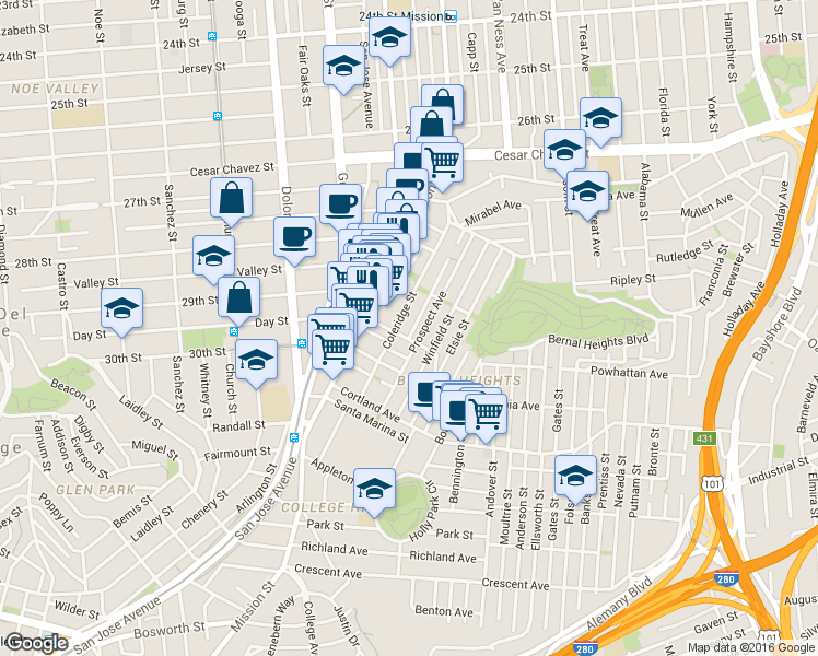 map of restaurants, bars, coffee shops, grocery stores, and more near in San Francisco