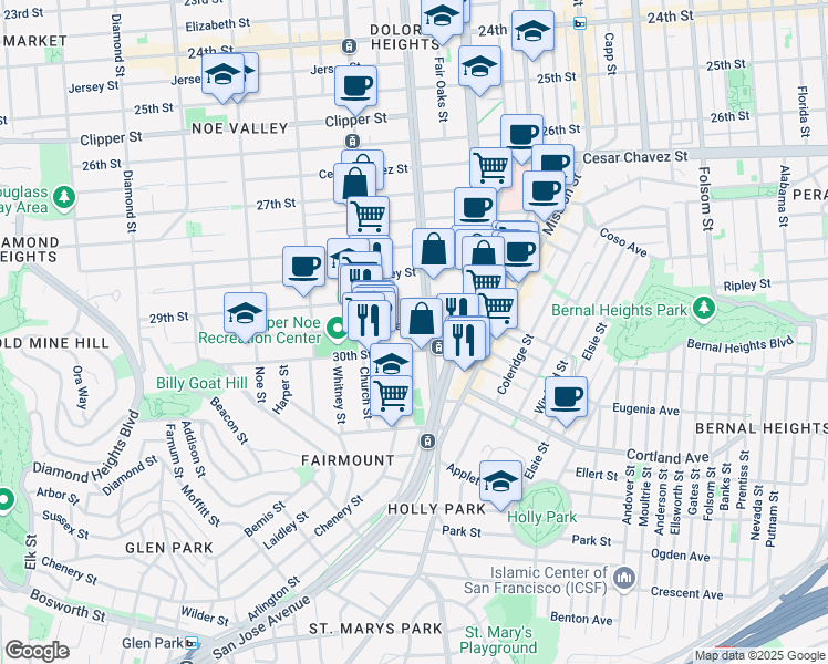 map of restaurants, bars, coffee shops, grocery stores, and more near 152 Day Street in San Francisco