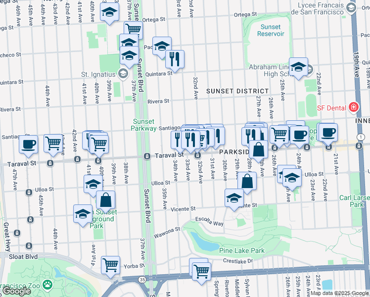 map of restaurants, bars, coffee shops, grocery stores, and more near 2366 34th Avenue in San Francisco