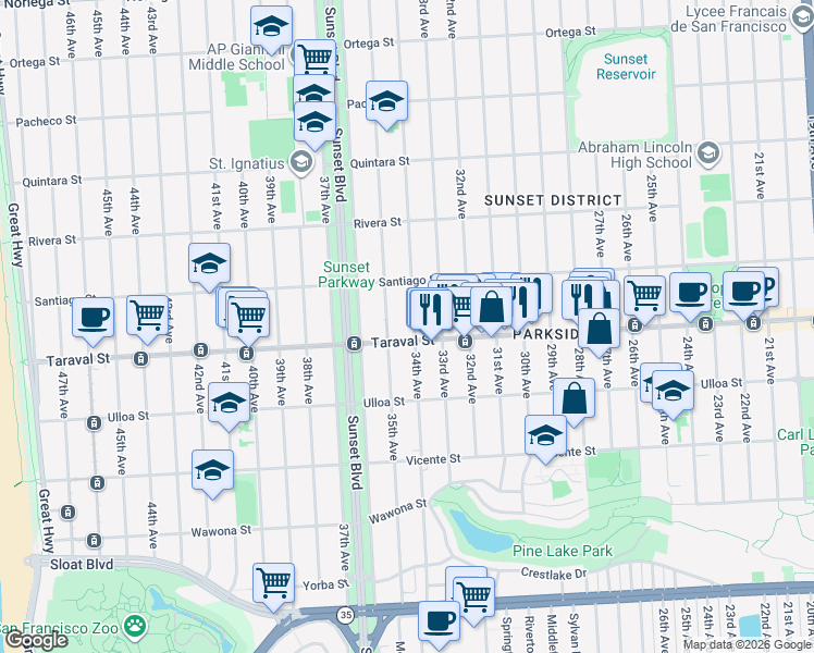 map of restaurants, bars, coffee shops, grocery stores, and more near 2366 34th Avenue in San Francisco