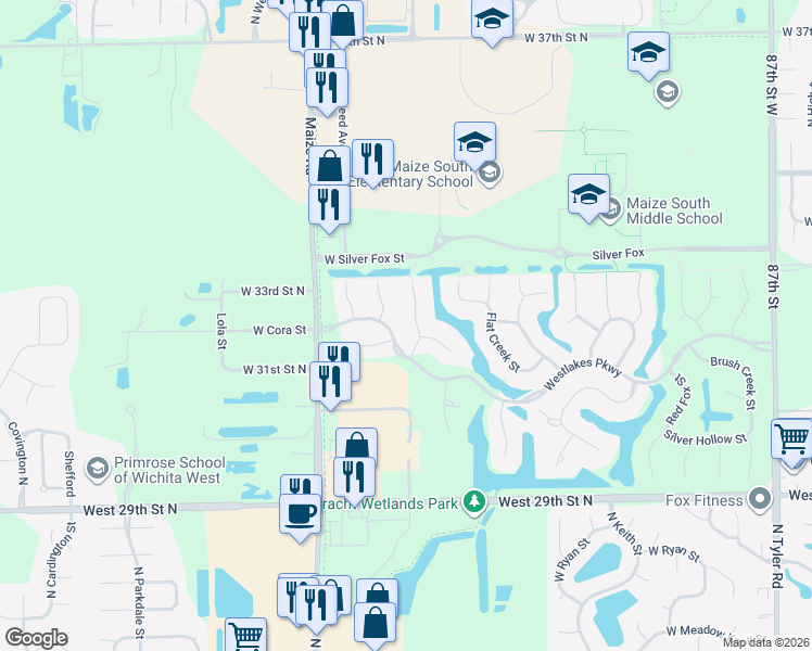 map of restaurants, bars, coffee shops, grocery stores, and more near 10104 West Westlakes Court in Wichita