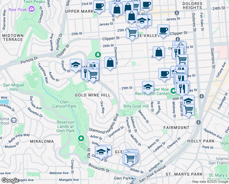 map of restaurants, bars, coffee shops, grocery stores, and more near 5355 Diamond Heights Boulevard in San Francisco